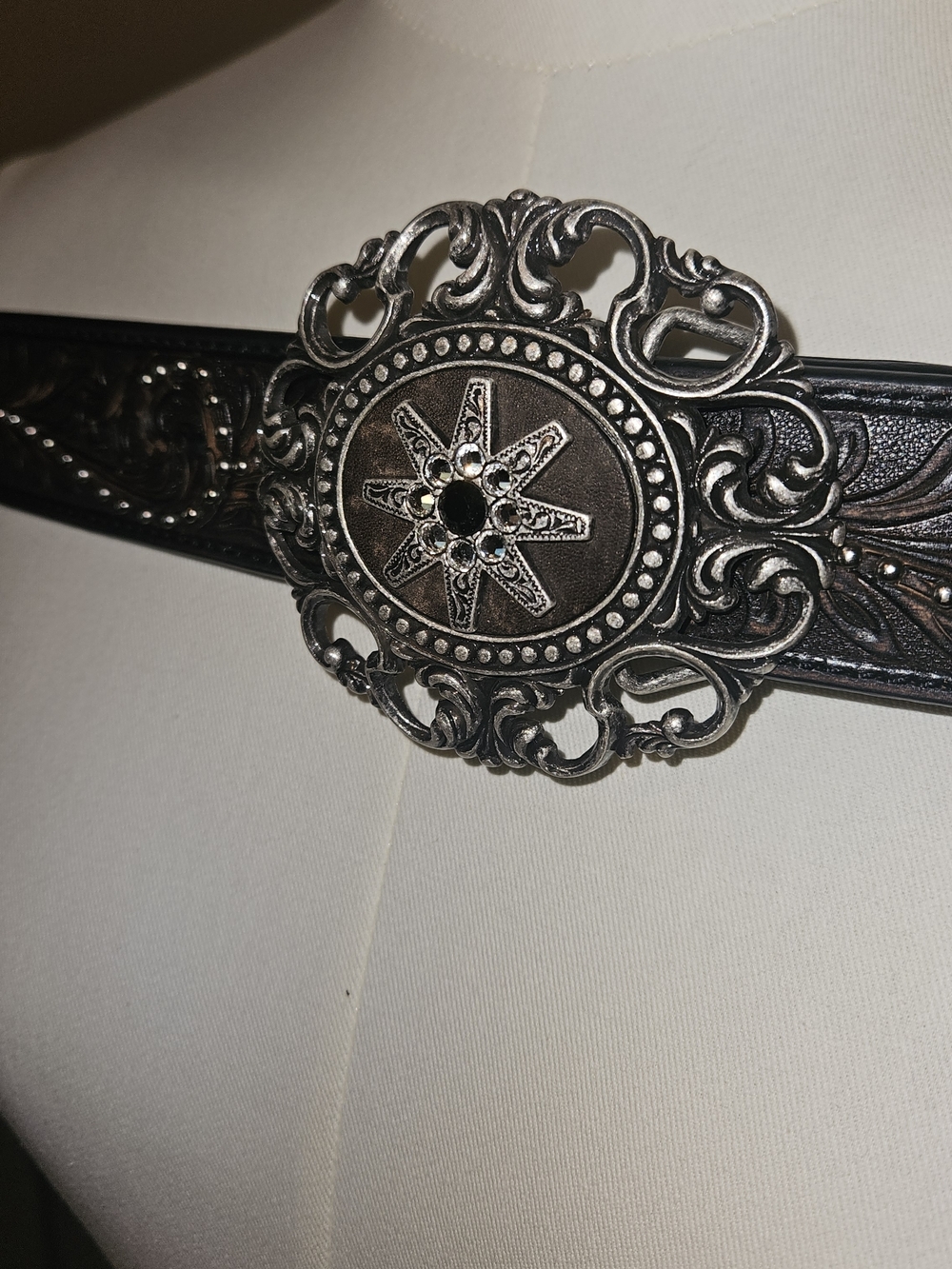 Nocona Floral Tooled Leather Belt with Decorative Silver Conchos - Picture 3 of 8